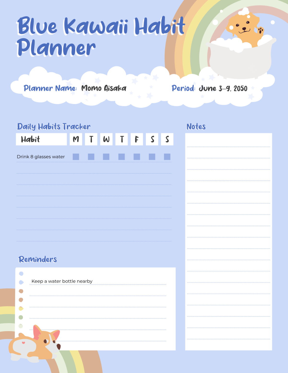 Free Blue Kawaii Habit Planner Template