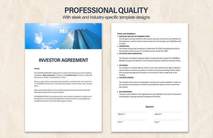 Startup Investor Agreement Template in PDF Pages Word Google Docs