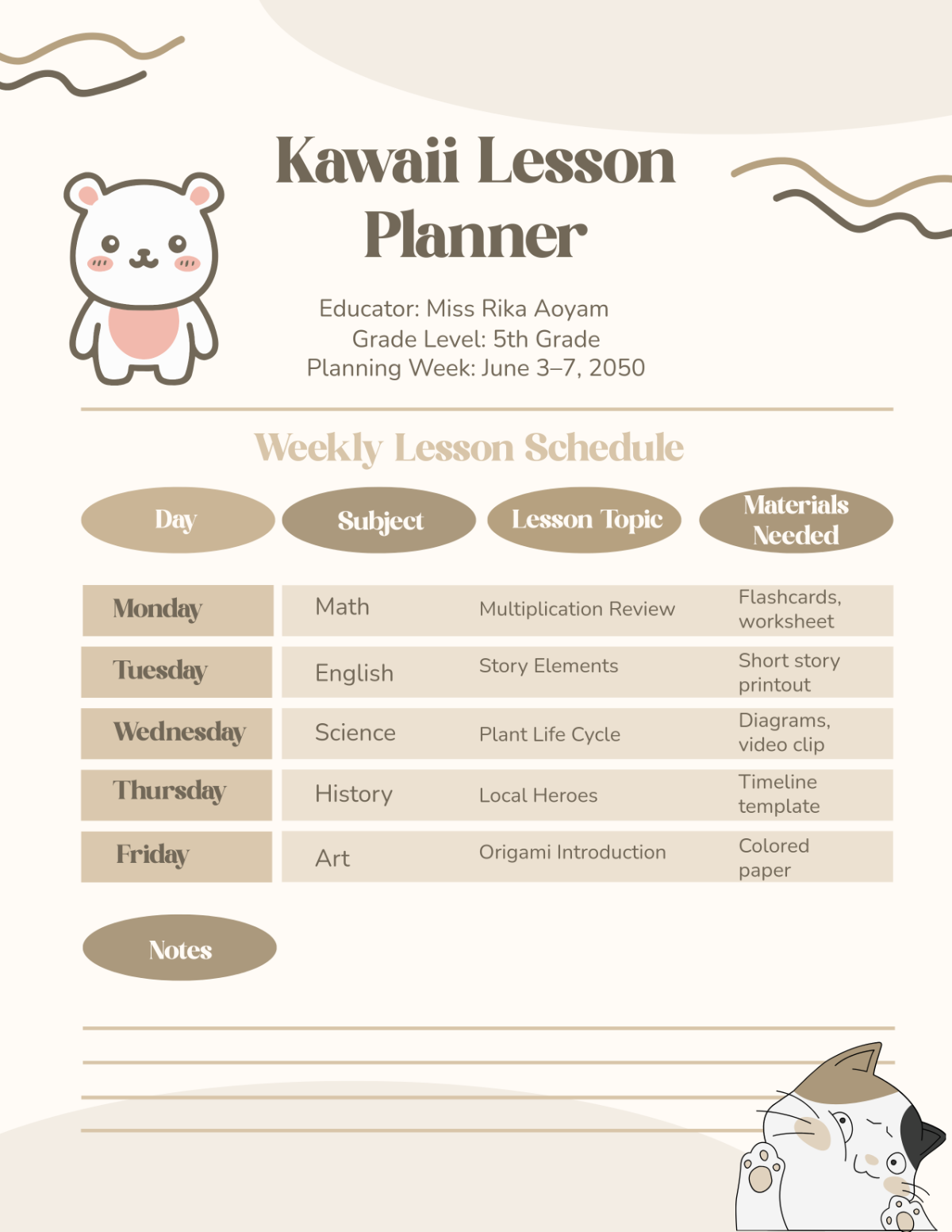 Free Kawaii Lesson Planner Template
