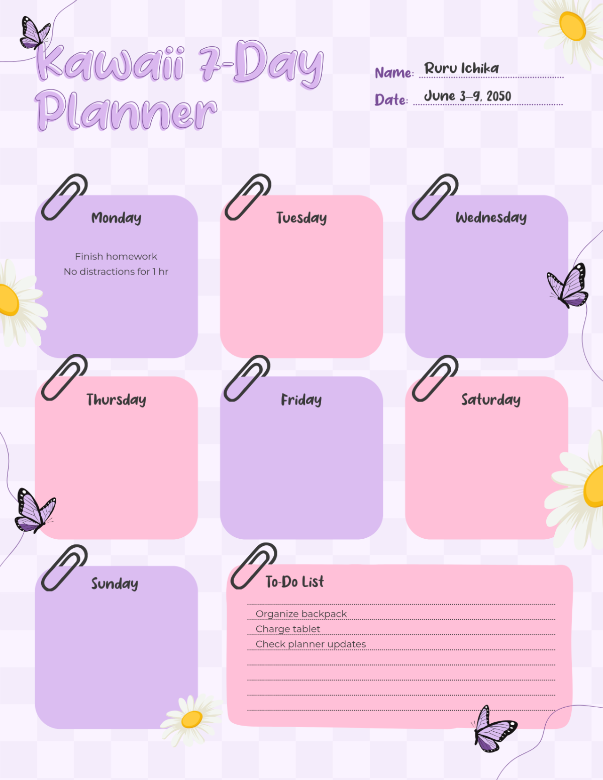 Free Kawaii 7-Day Planner Template