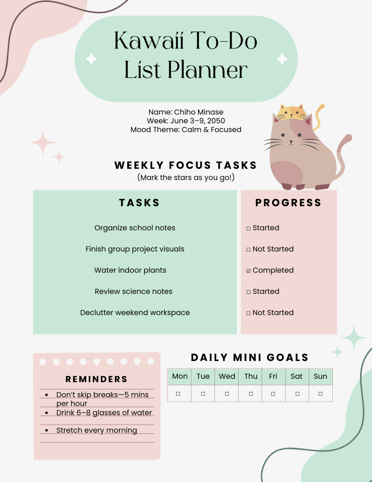 Free Kawaii To-Do List Planner Template