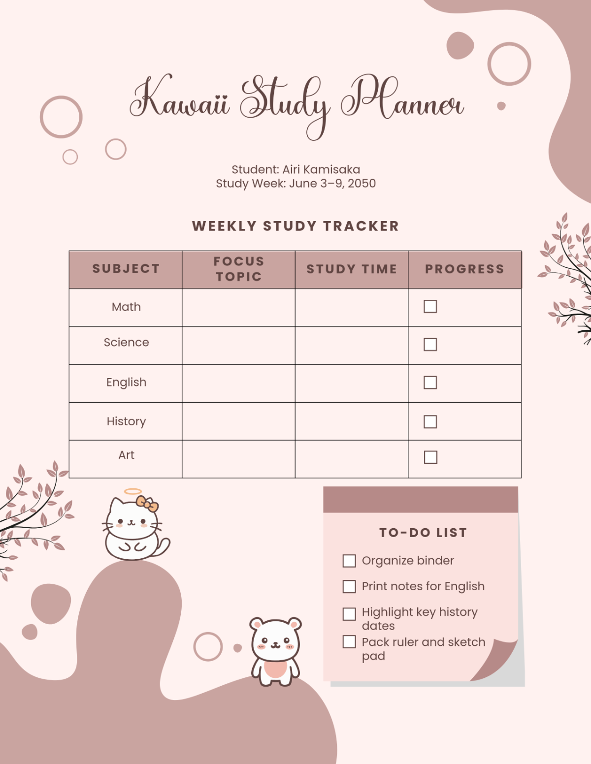 Free Kawaii Study Planner Template
