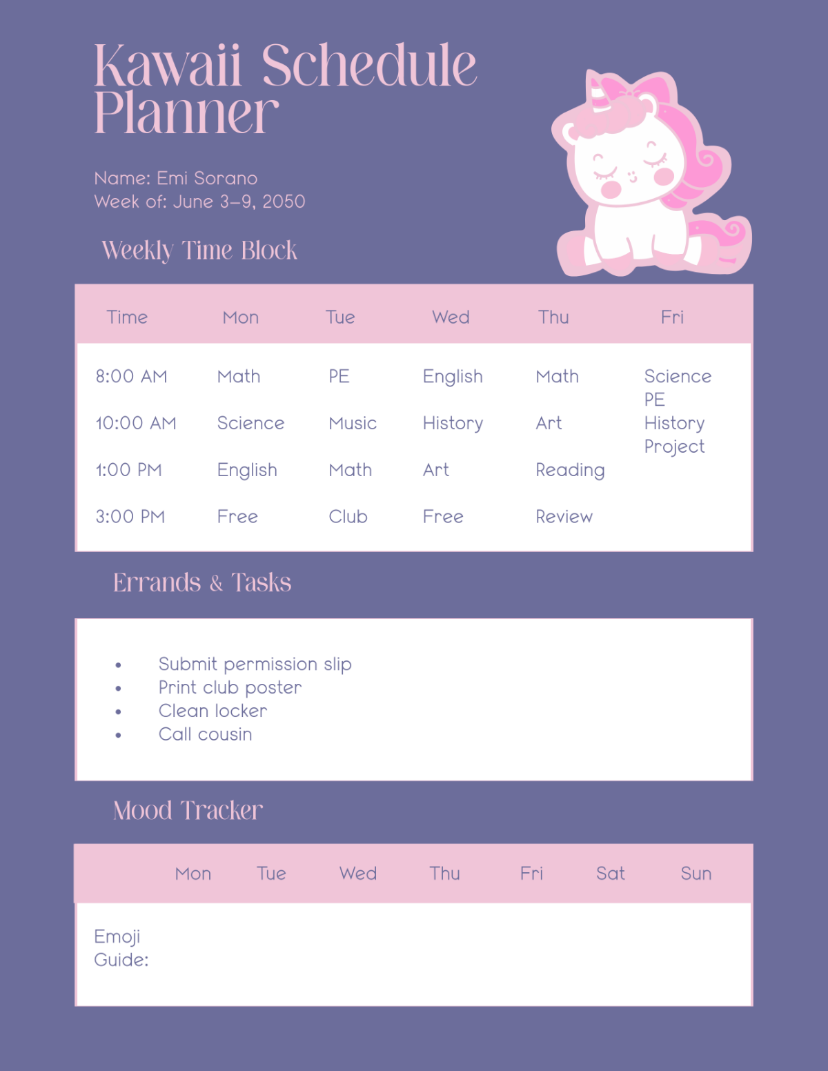 Free Kawaii Schedule Planner Template