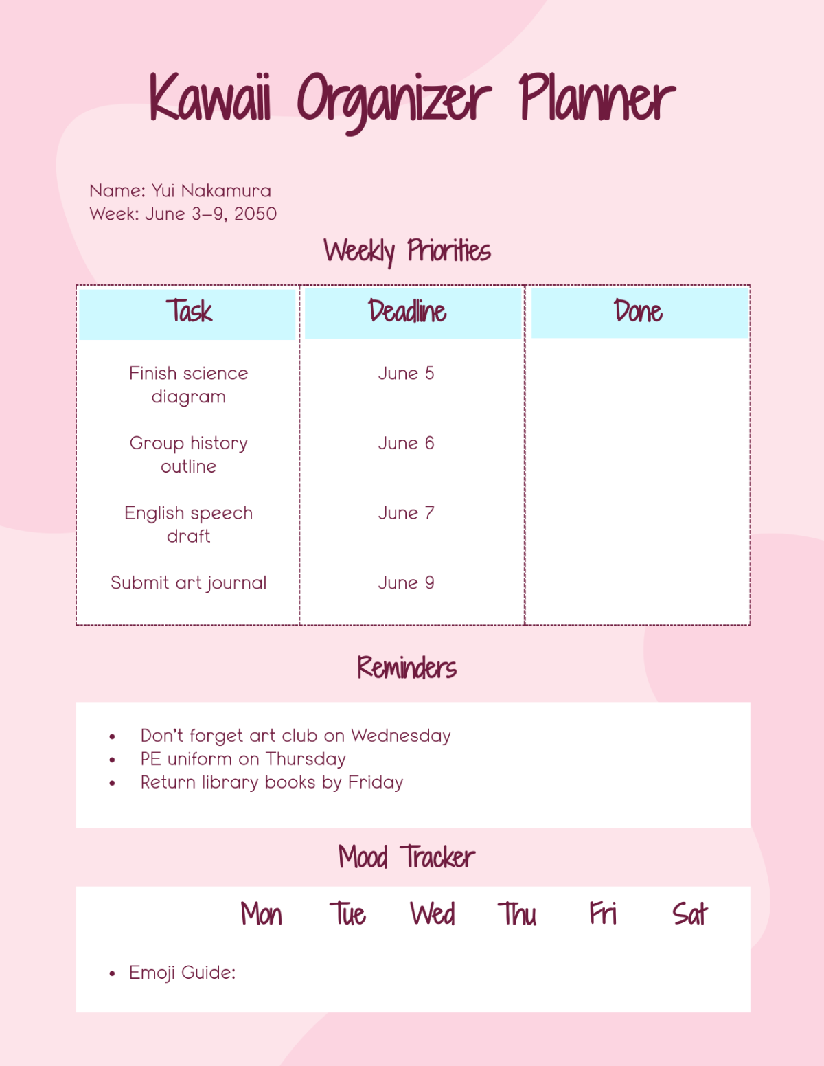 Free Kawaii Organizer Planner Template