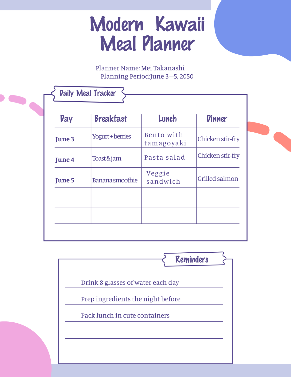 Free Modern Kawaii Meal Planner Template