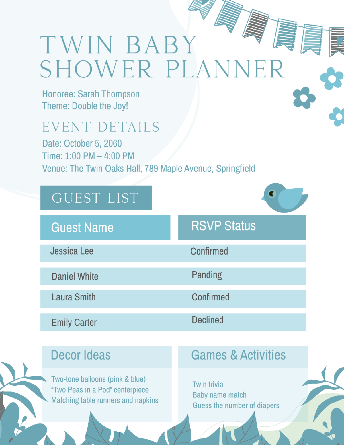 Free Twin Baby Shower Planner Template to Edit Online