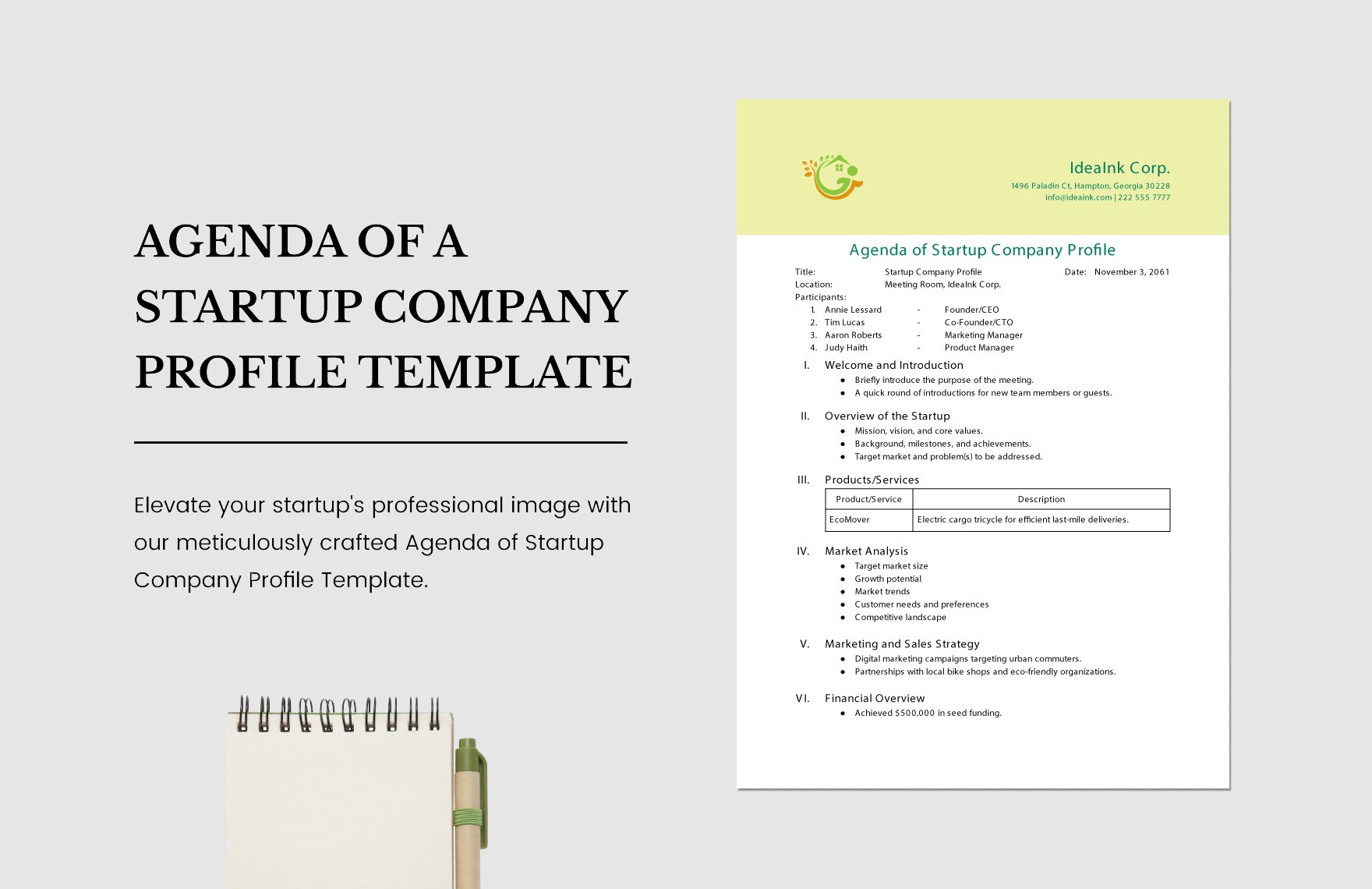 Agenda of Startup Company Profile Template