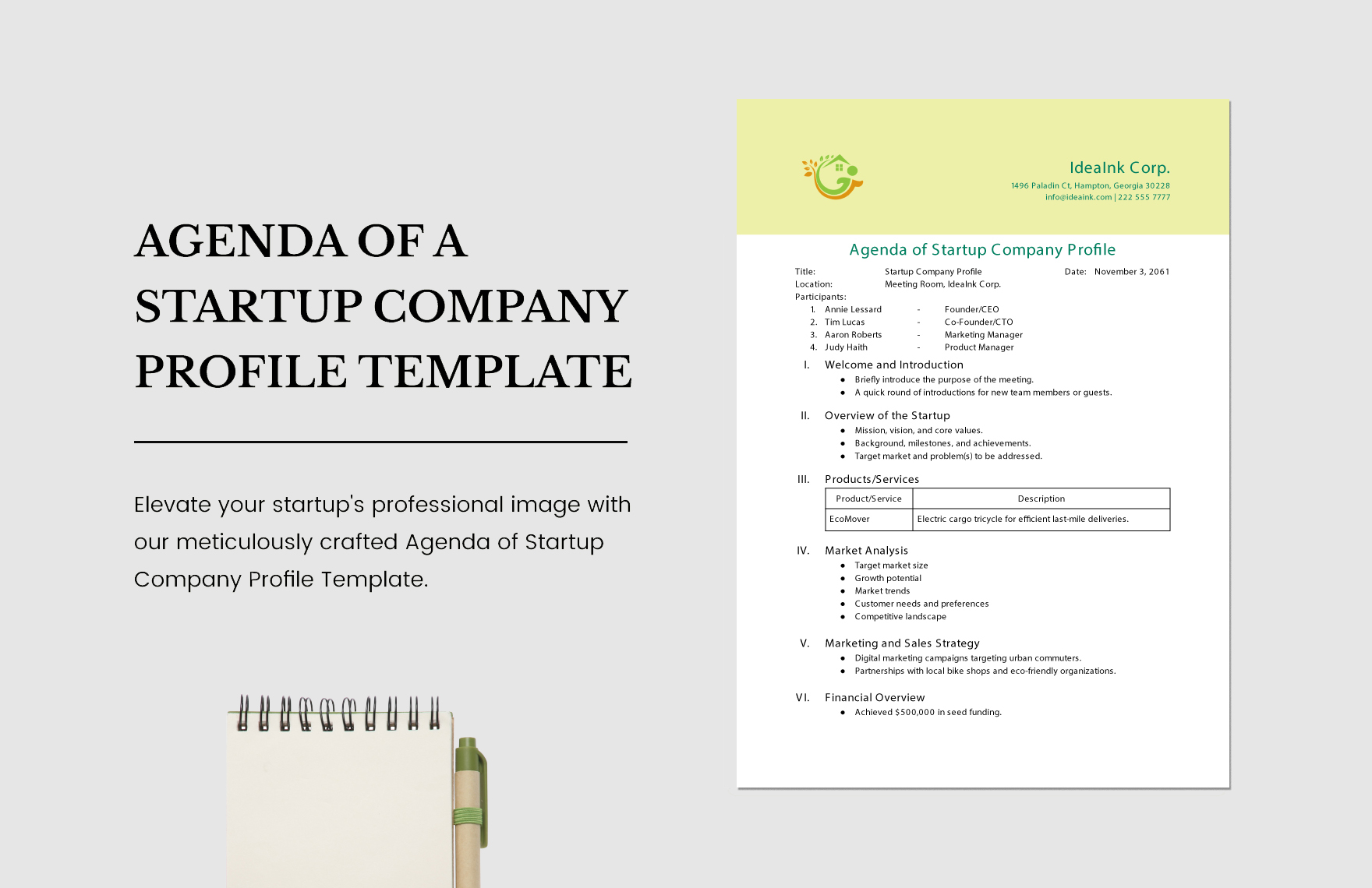 Agenda of Startup Company Profile Template in PDF, Word, Google Docs - Download | Template.net