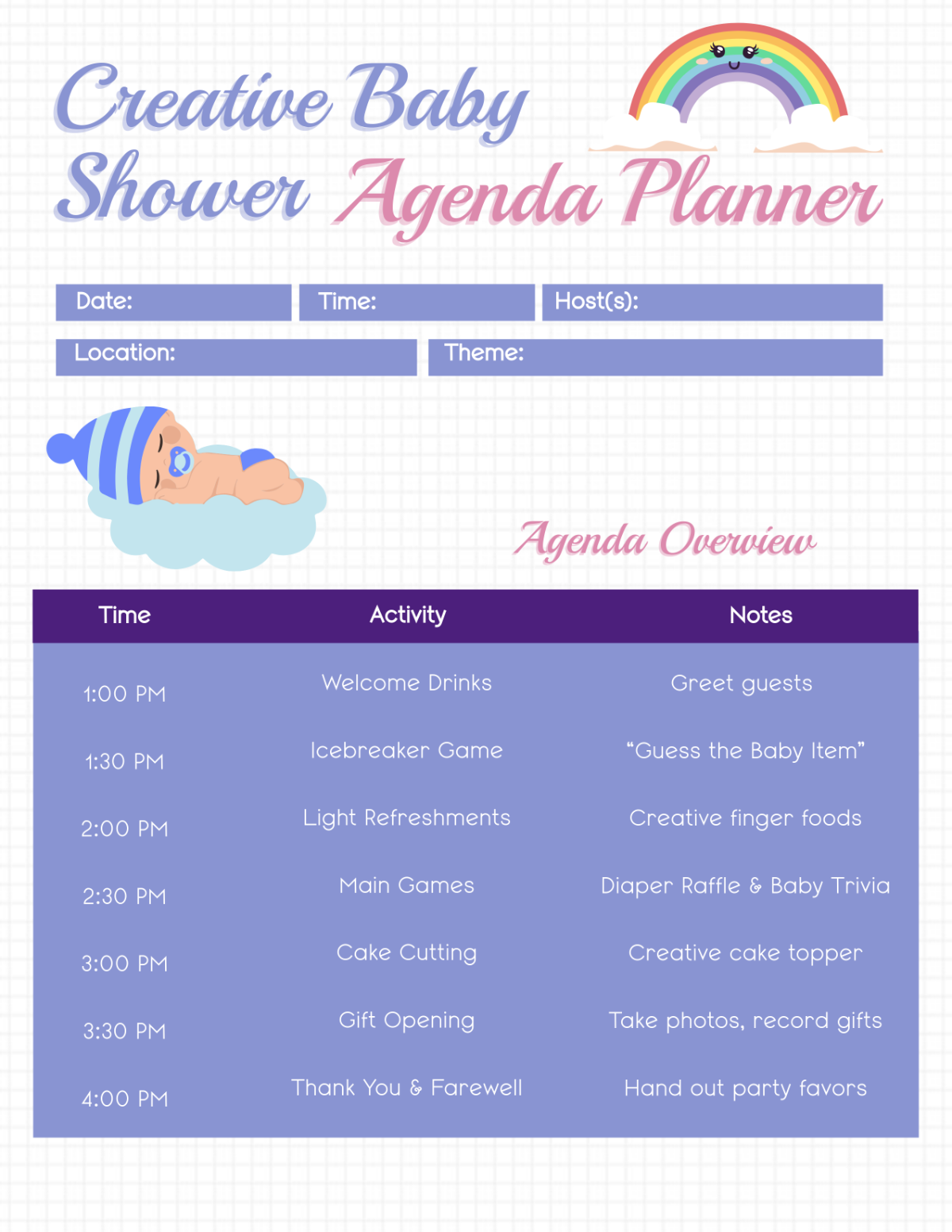 Free Creative Baby Shower Agenda Planner Template to Edit Online