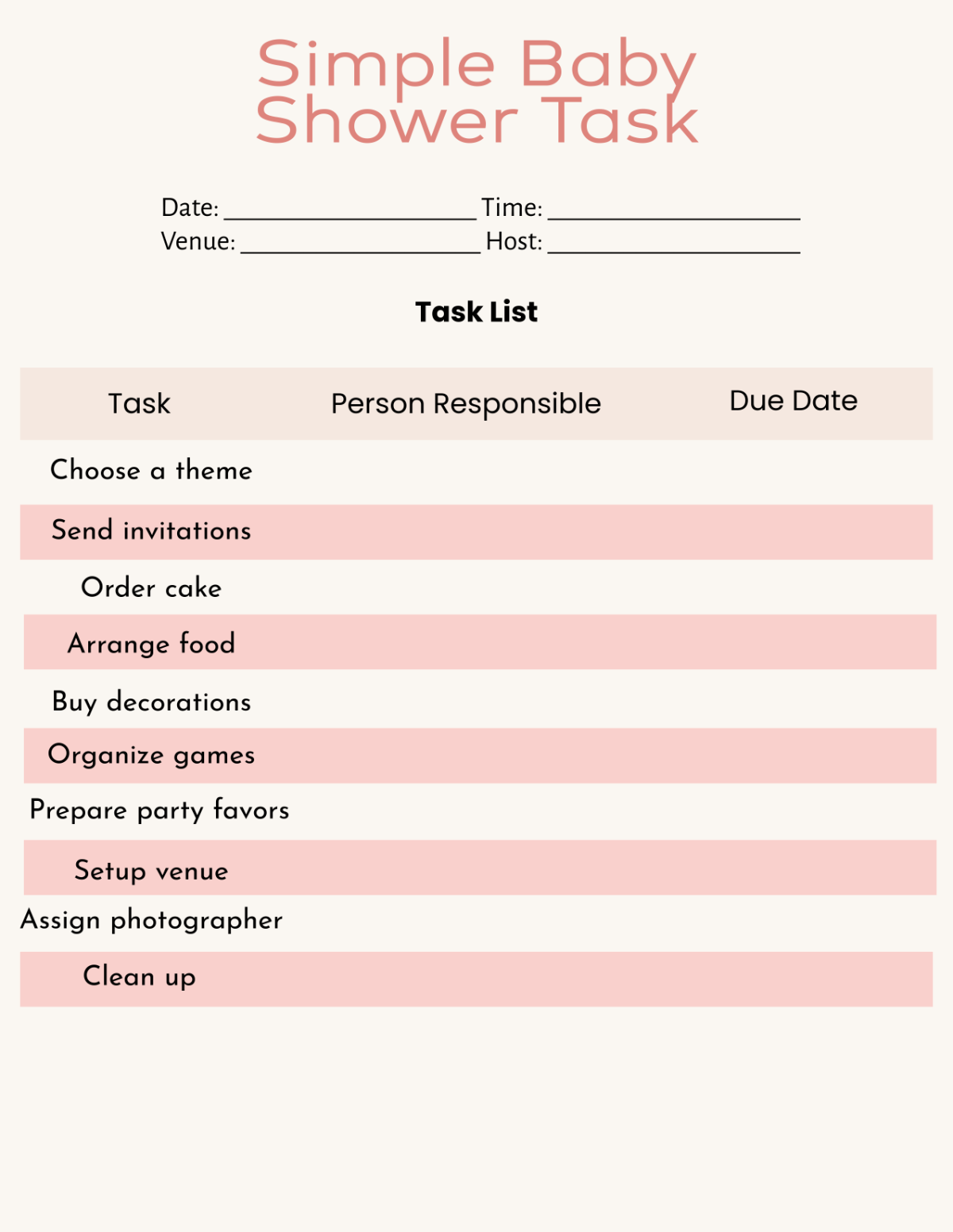 Free Baby Shower Task Planner Template to Edit Online