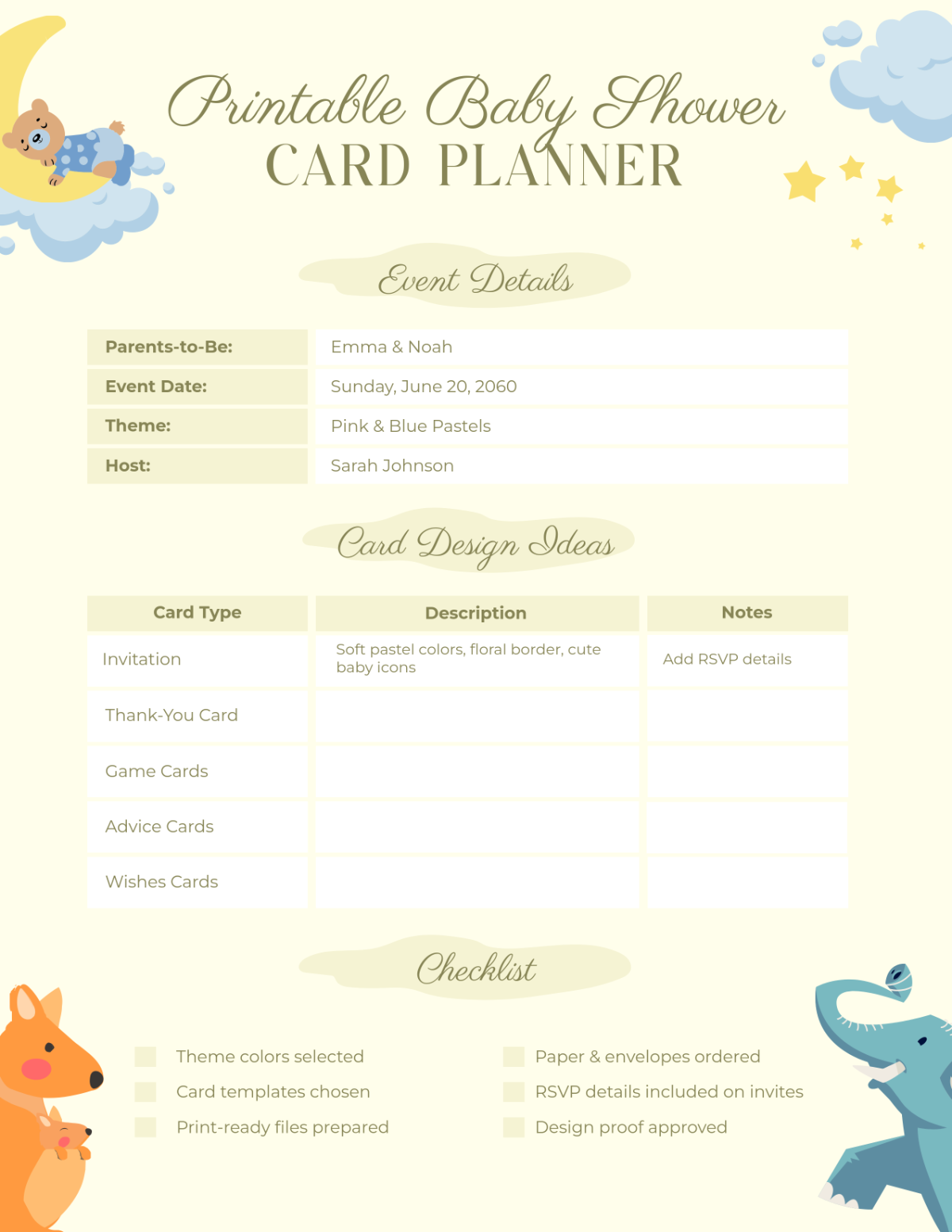 Free Printable Baby Shower Card Planner Template to Edit Online