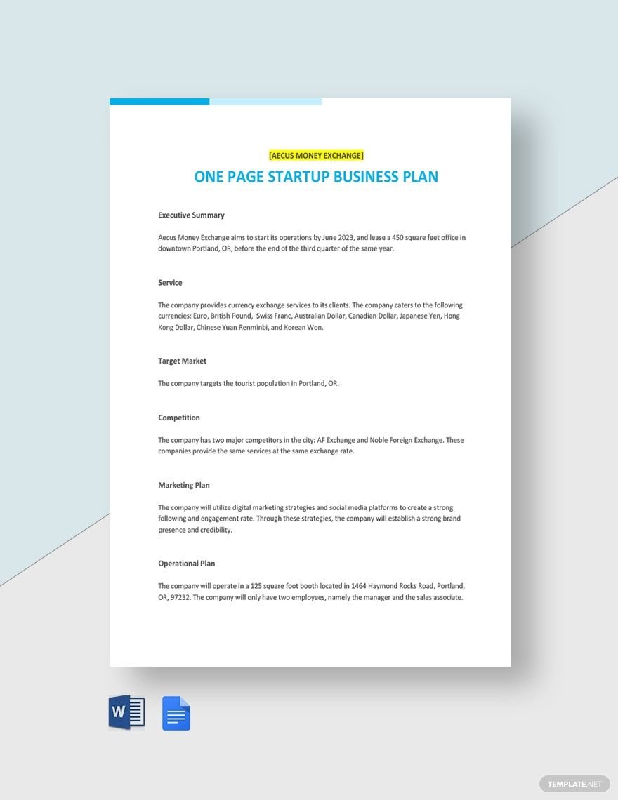 One Page Startup Business Plan Template