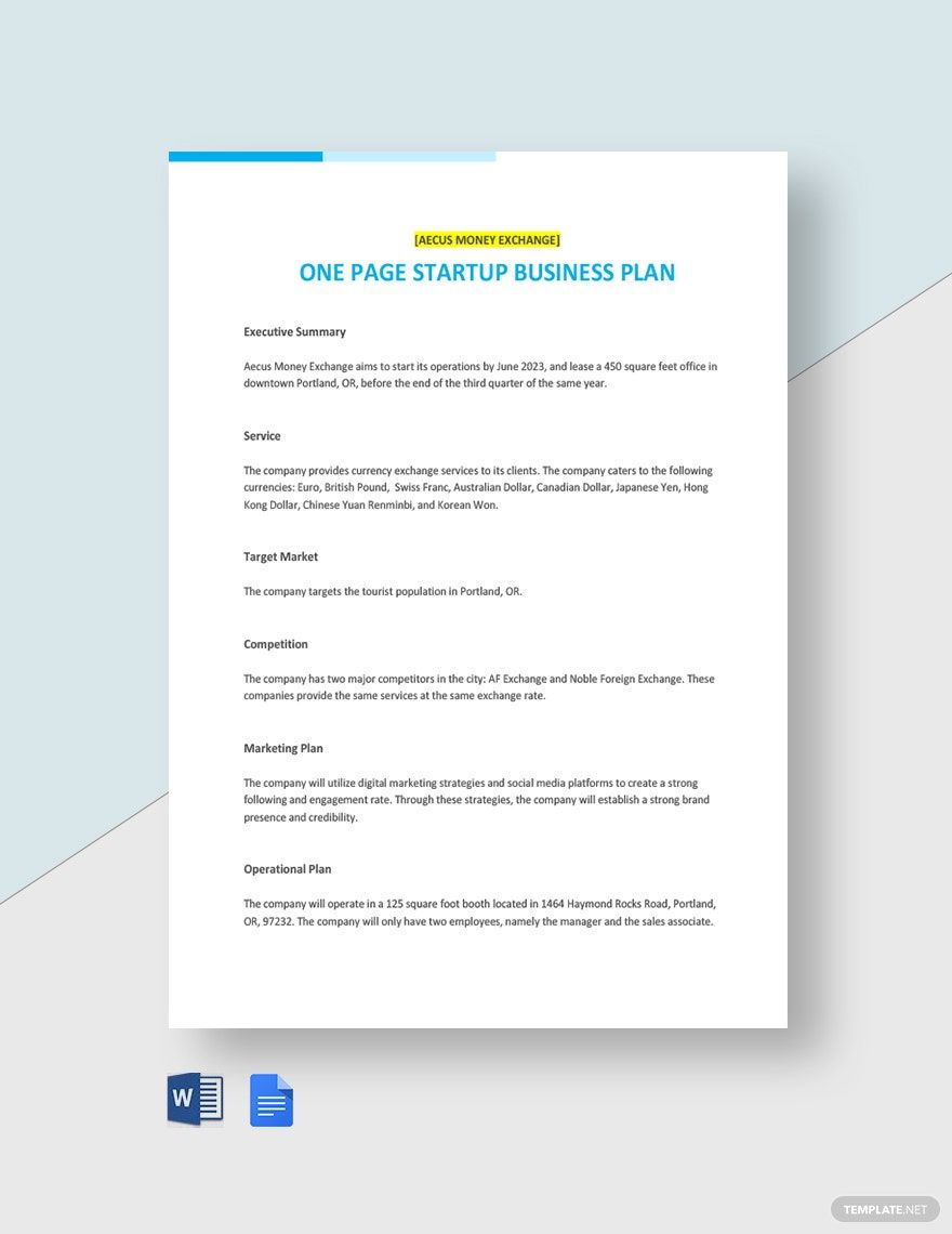 One Page Startup Business Plan Template in Word, Google Docs, Apple Pages