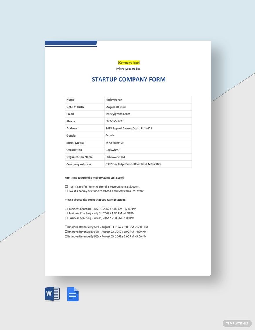 Startup Company Form Template