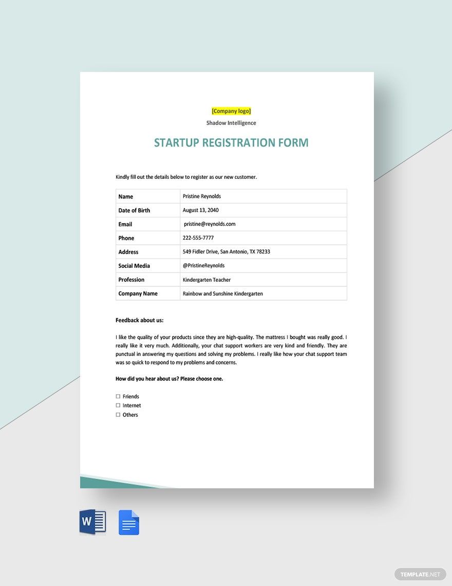 Startup Registration Form Template Google Docs Word Template Startup Registration Form Template Google Docs Word Template
