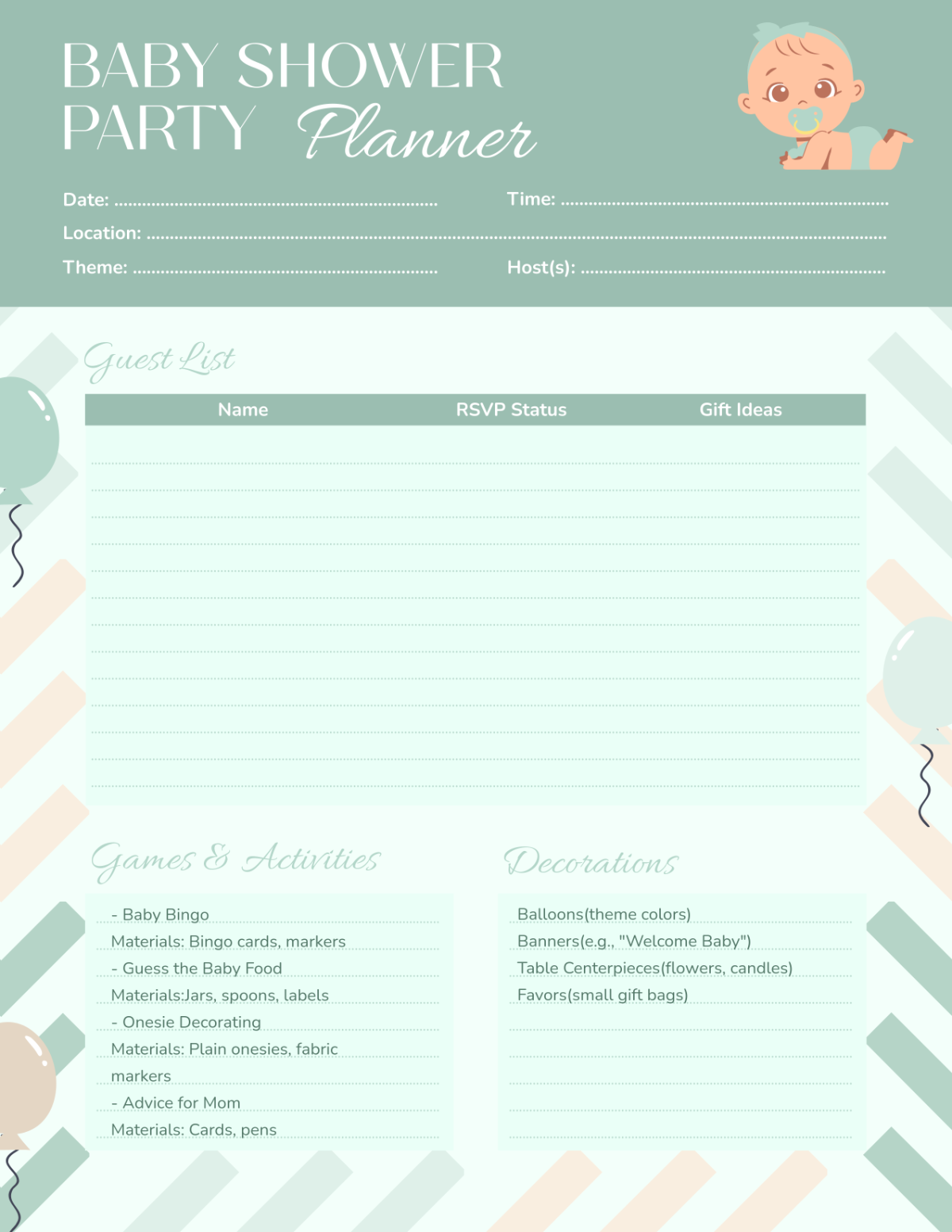 Free Baby Shower Party Planner Template to Edit Online