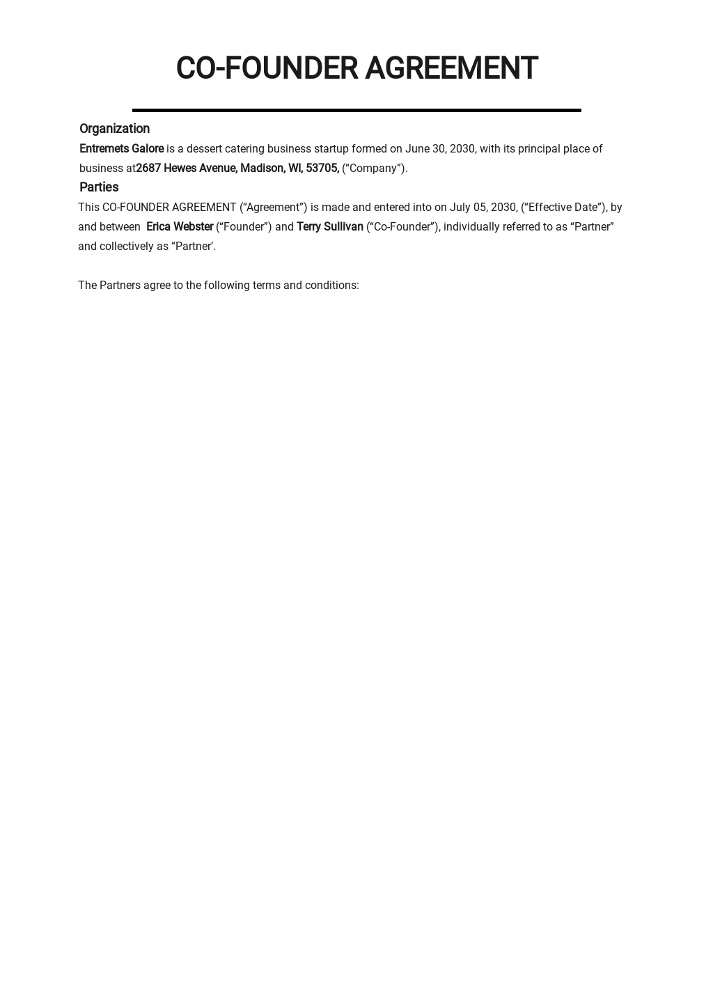 Co-Founder Agreement Startup Template - Word  Template.net With Regard To founders shareholder agreement template