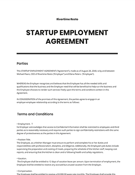 Startup Employment Agreement Template Google Docs Word PDF