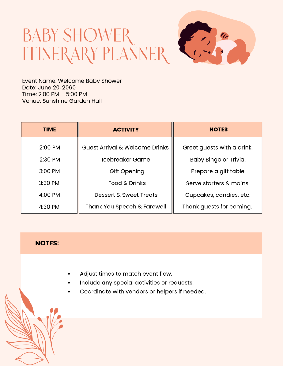 Free Baby Shower Itinerary Planner Template to Edit Online