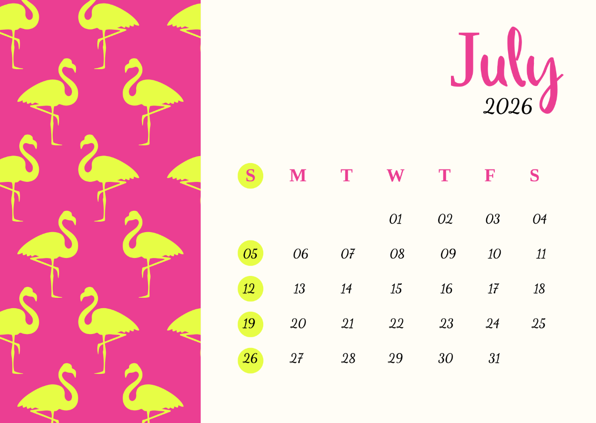 Free Pink Flamingo July 2026 Calendar Template to Edit Online