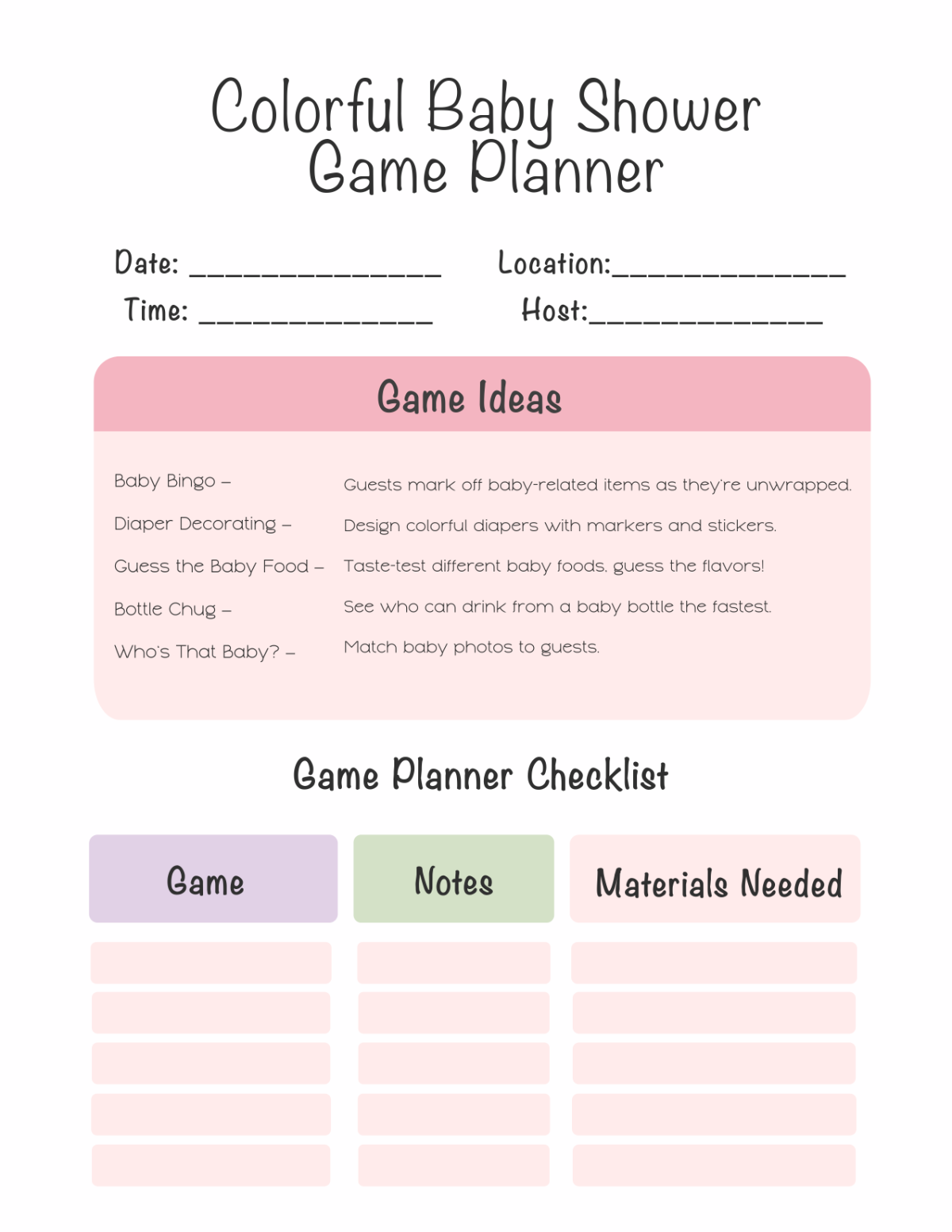 Free Colorful Baby Shower Game Planner Template to Edit Online