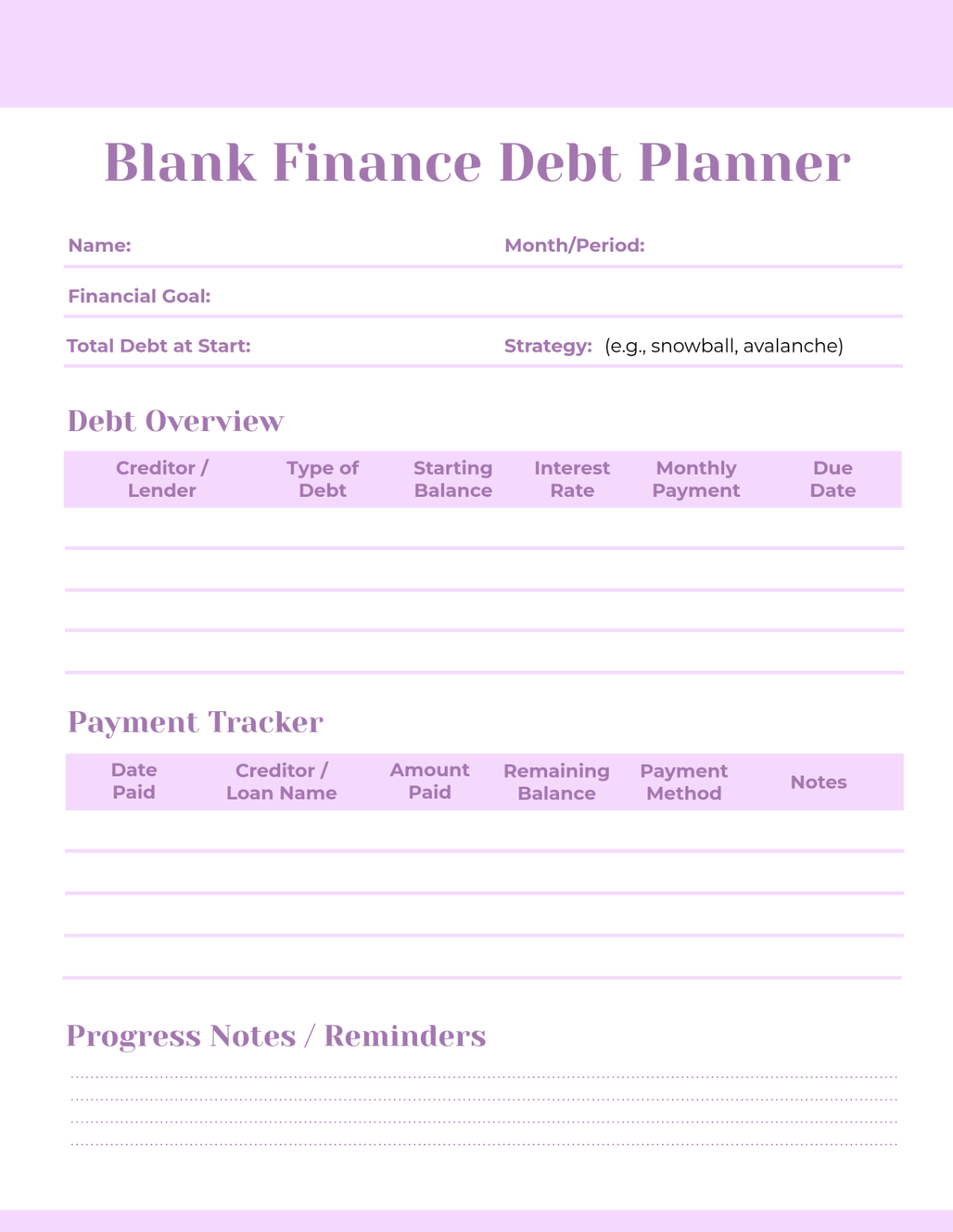Free Blank Finance Debt Planner Template to Edit Online