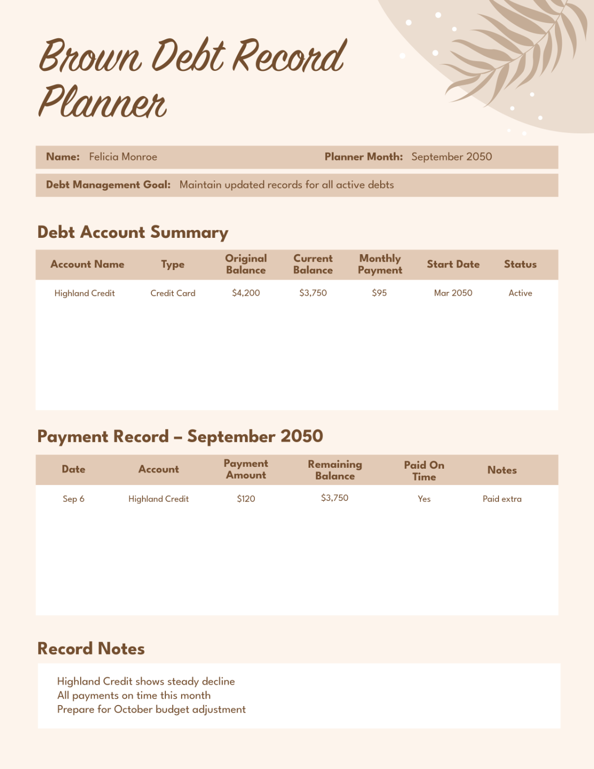 Free Brown Debt Record Planner Template to Edit Online