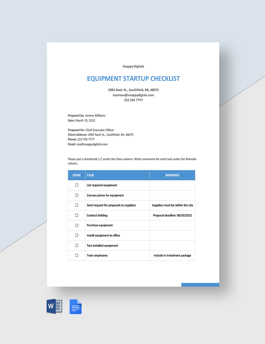 Equipment Startup Checklist Template in Google Docs, Word - Download | Template.net