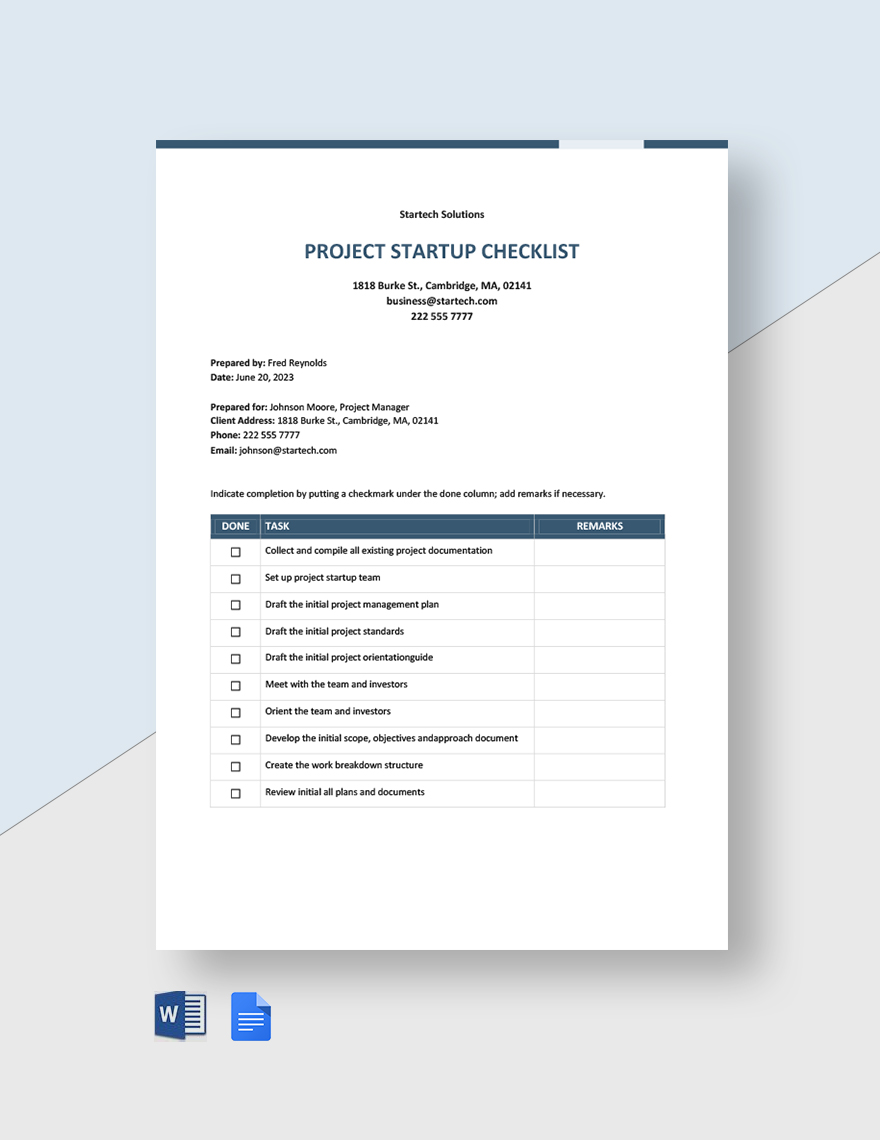 Project Startup Checklist Template in Word Google Docs Download