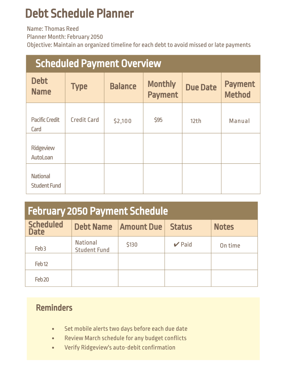 Debt Schedule Planner Template