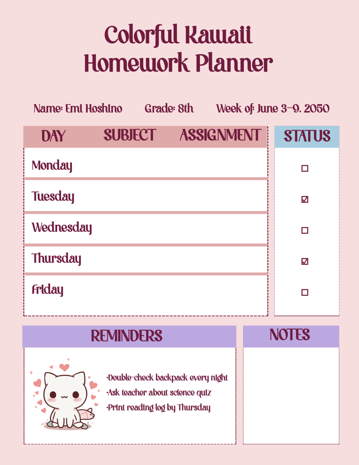 Free Colorful Kawaii Homework Planner Template to Edit Online