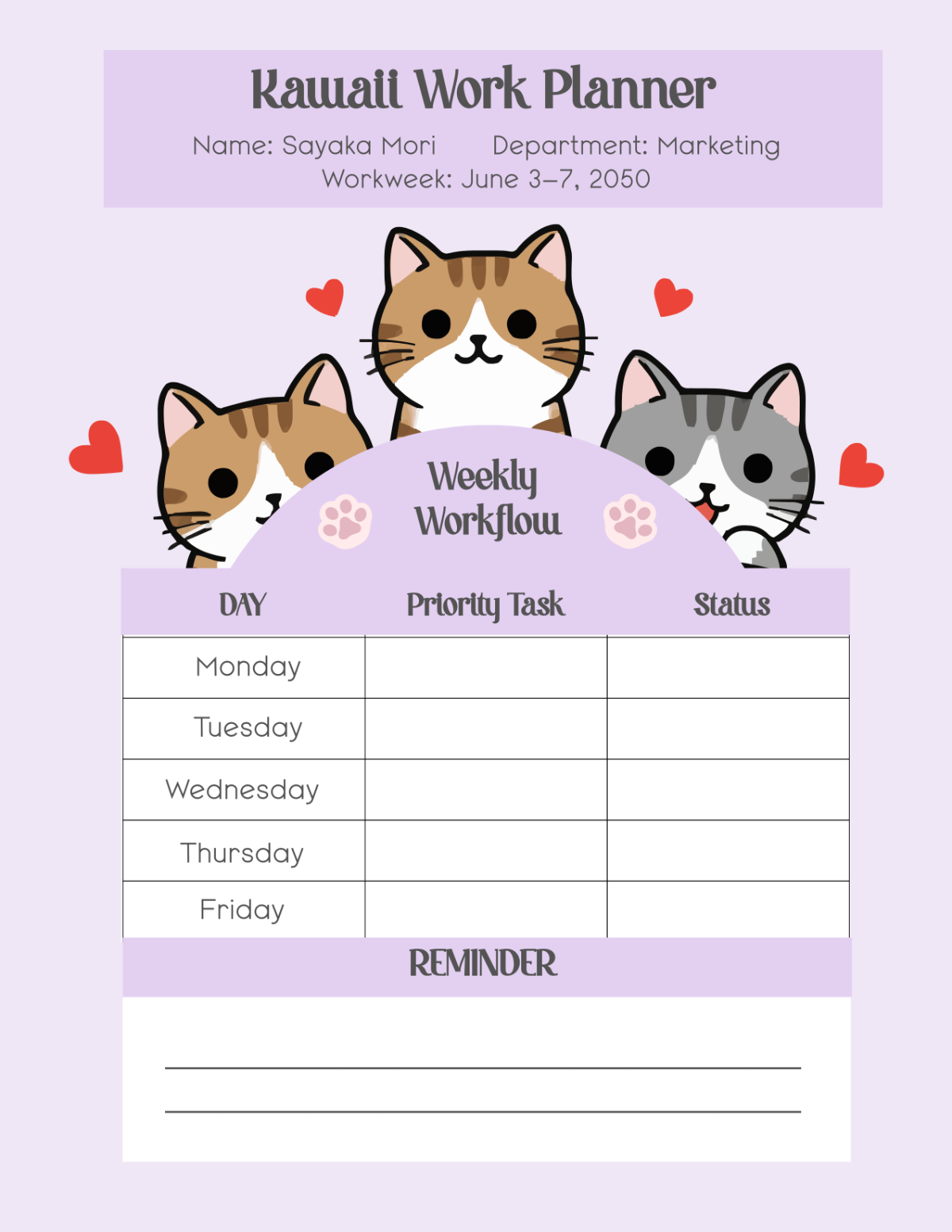Free Kawaii Work Planner Template