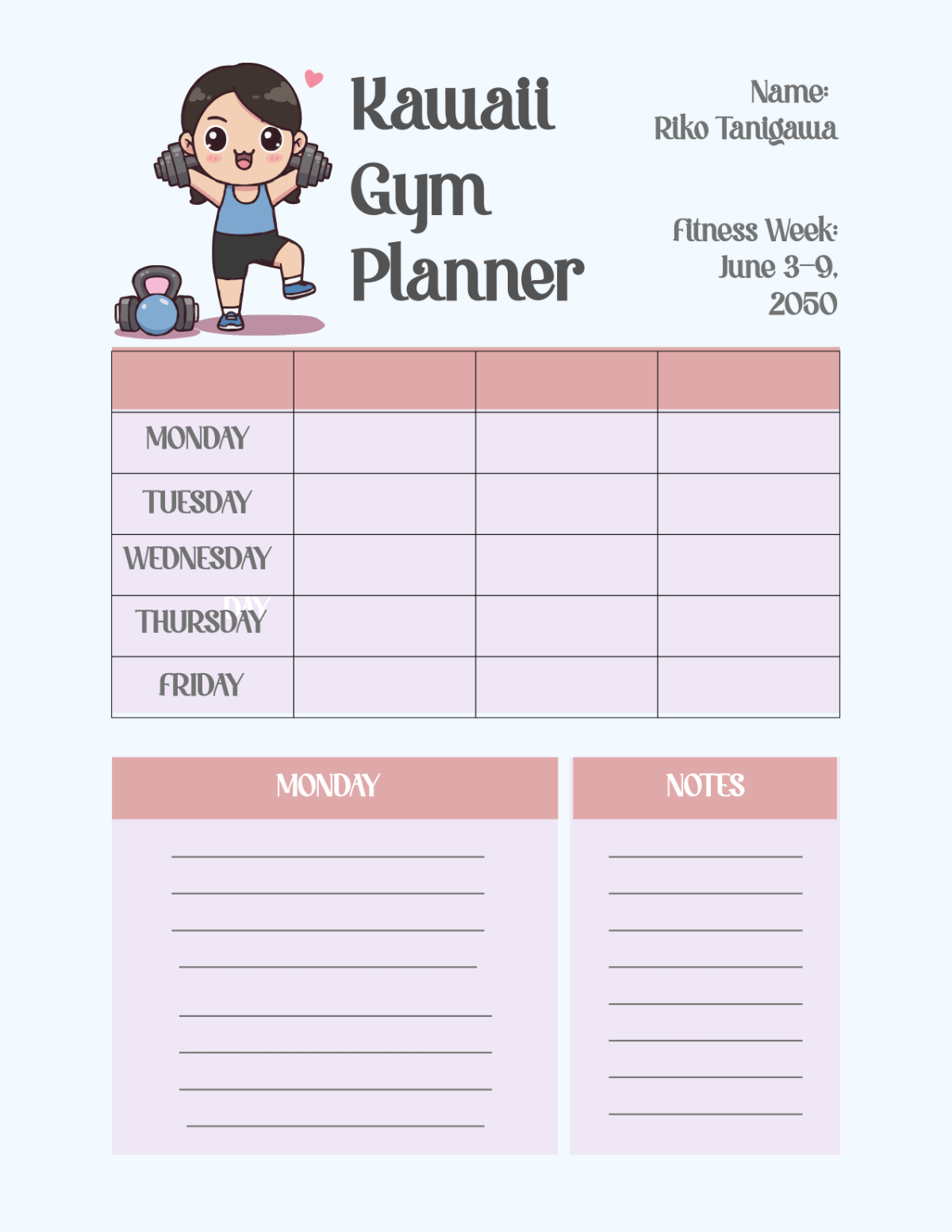 Free Kawaii Gym Planner Template