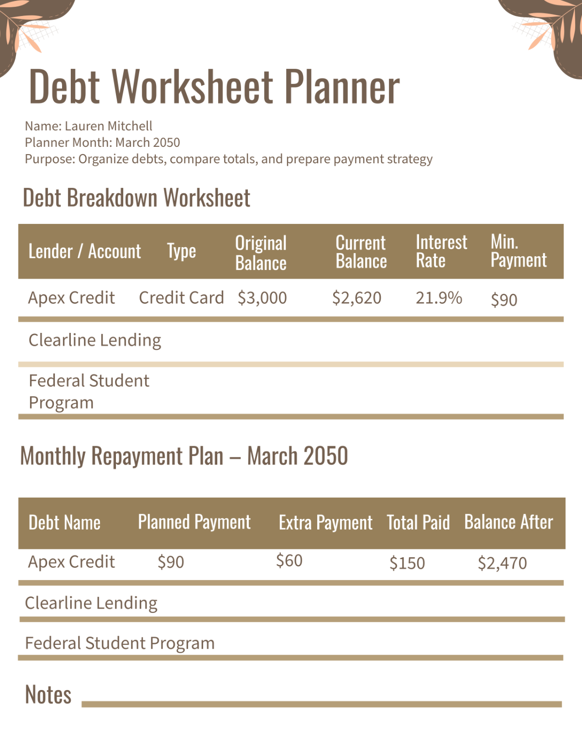 Free Debt Worksheet Planner Template to Edit Online