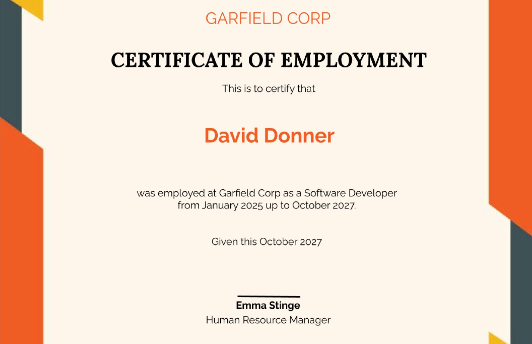 Experience Certificate for Software Developer Template