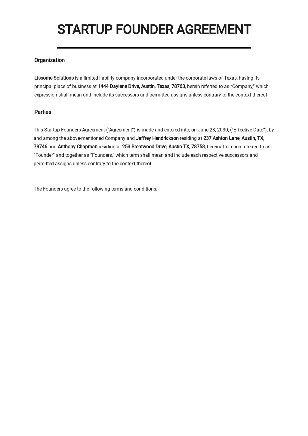 Startup Founders Agreement Template - Google Docs, Word, PDF For startup founders agreement template