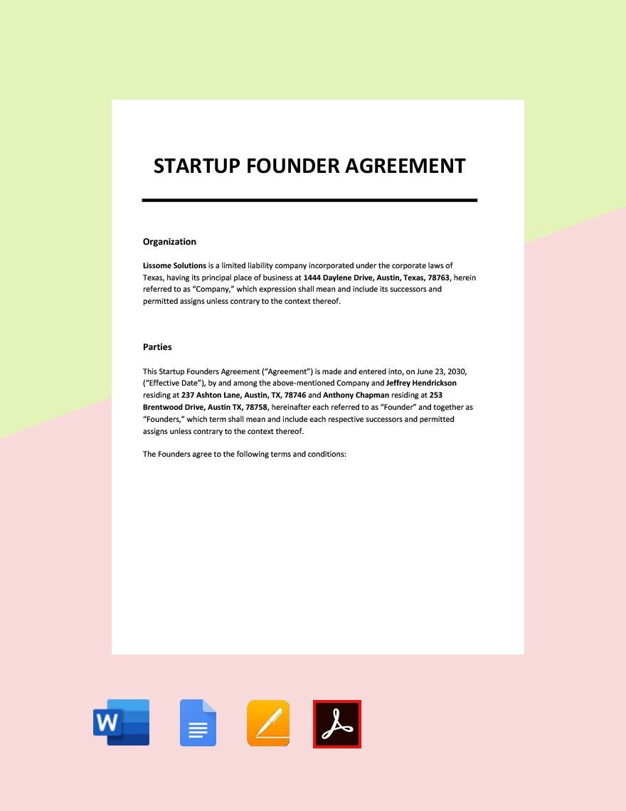 Startup Founders Agreement Template in Word, Google Docs, PDF, Apple Pages
