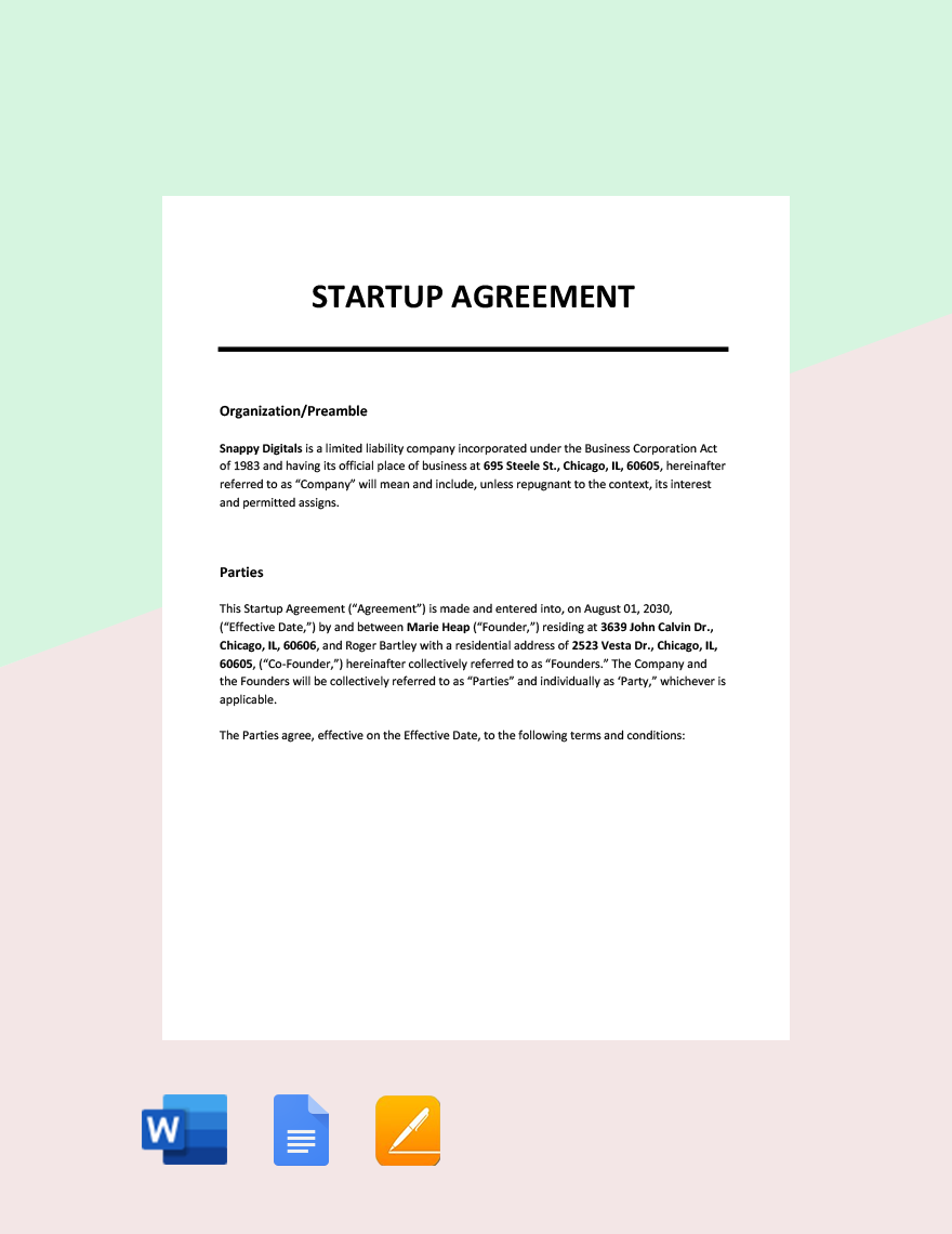 Startup Agreement Template in Word, Google Docs, PDF, Apple Pages