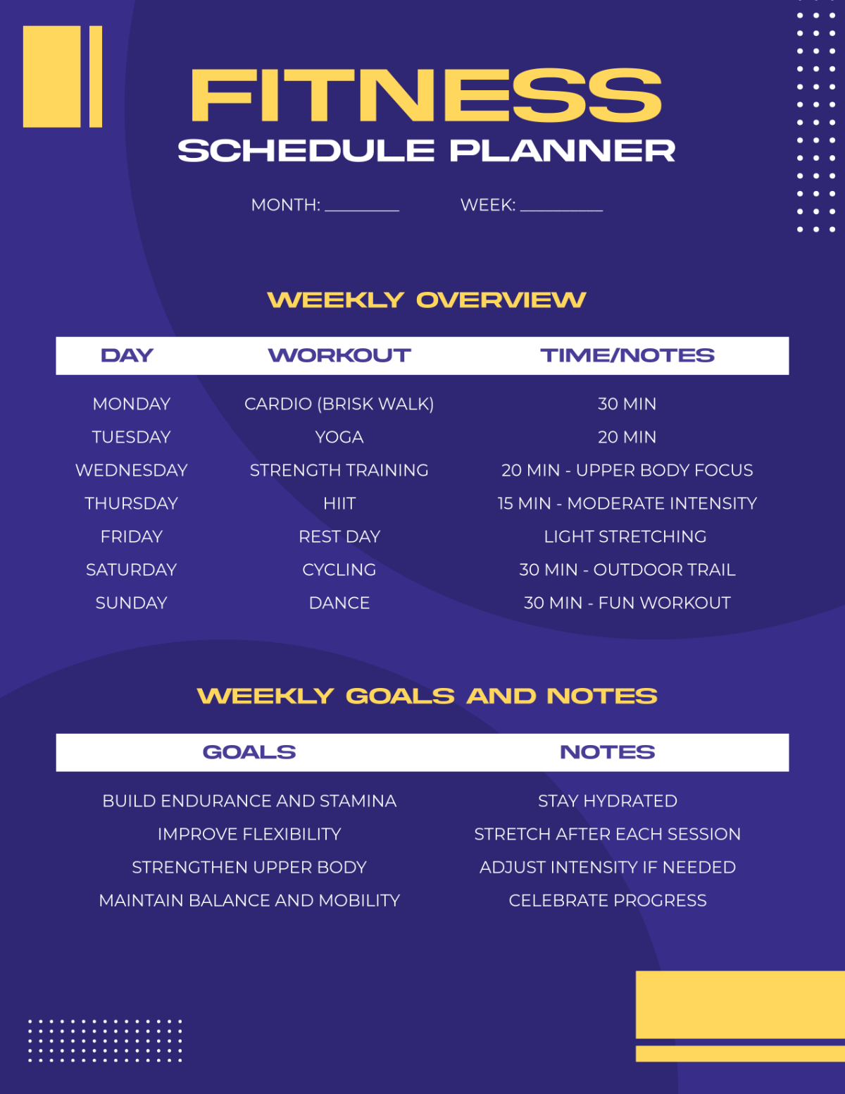 Free Fitness Schedule Planner Template