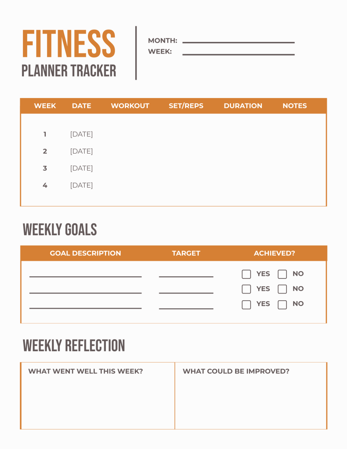 Free Fitness Planner Tracker Template