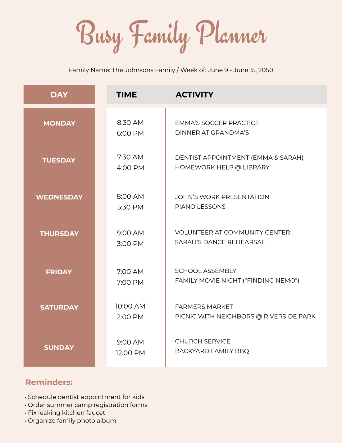 Free Busy Family Planner Template