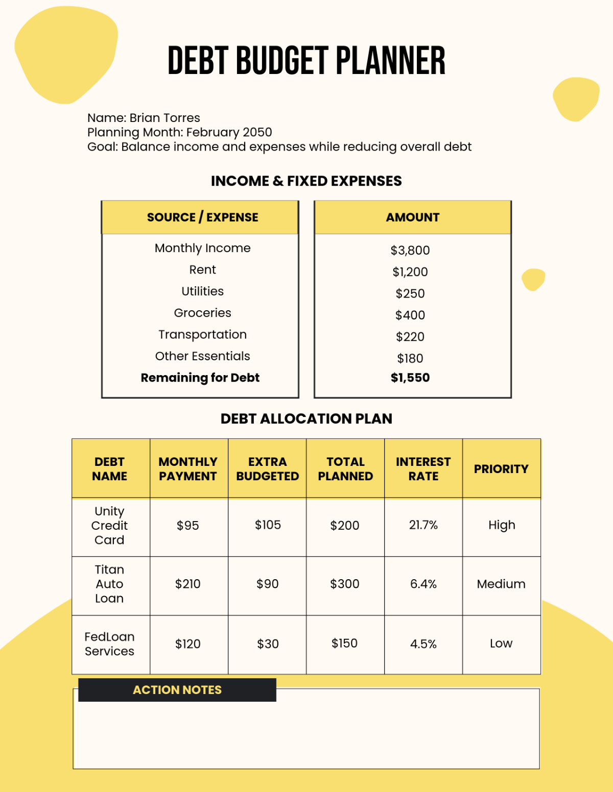 Free Yellow Debt Budget Planner Template to Edit Online