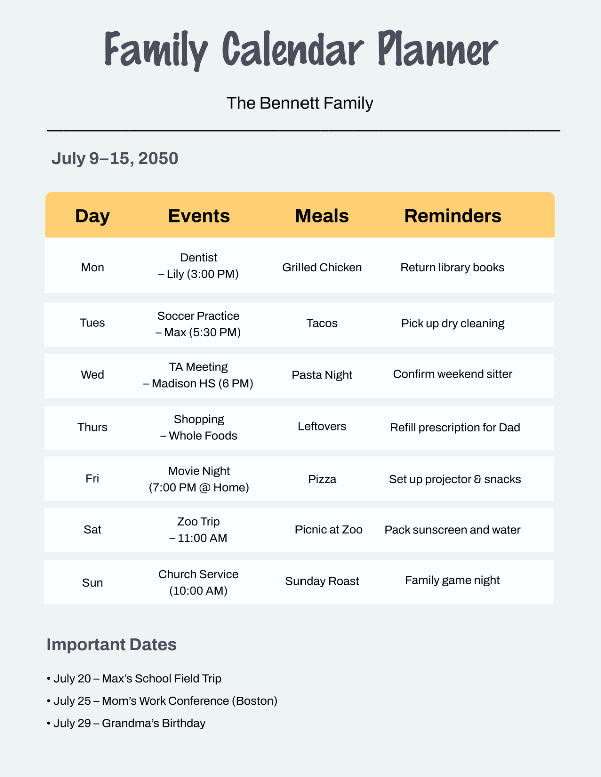 Free Modern Family Calendar Planner Template