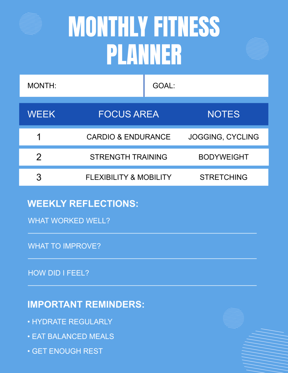 Free Monthly Fitness Planner Template
