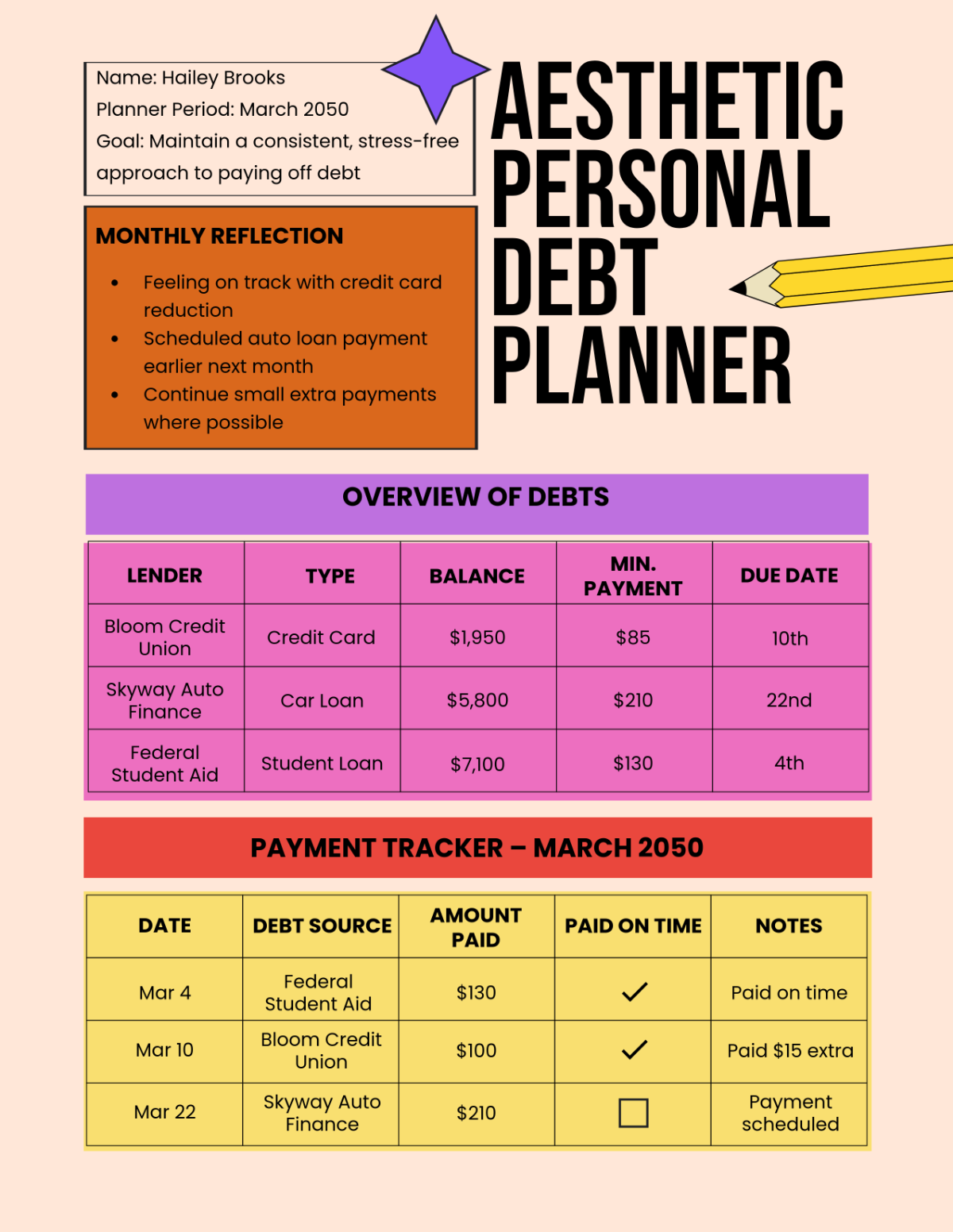 Free Aesthetic Personal Debt Planner Template to Edit Online