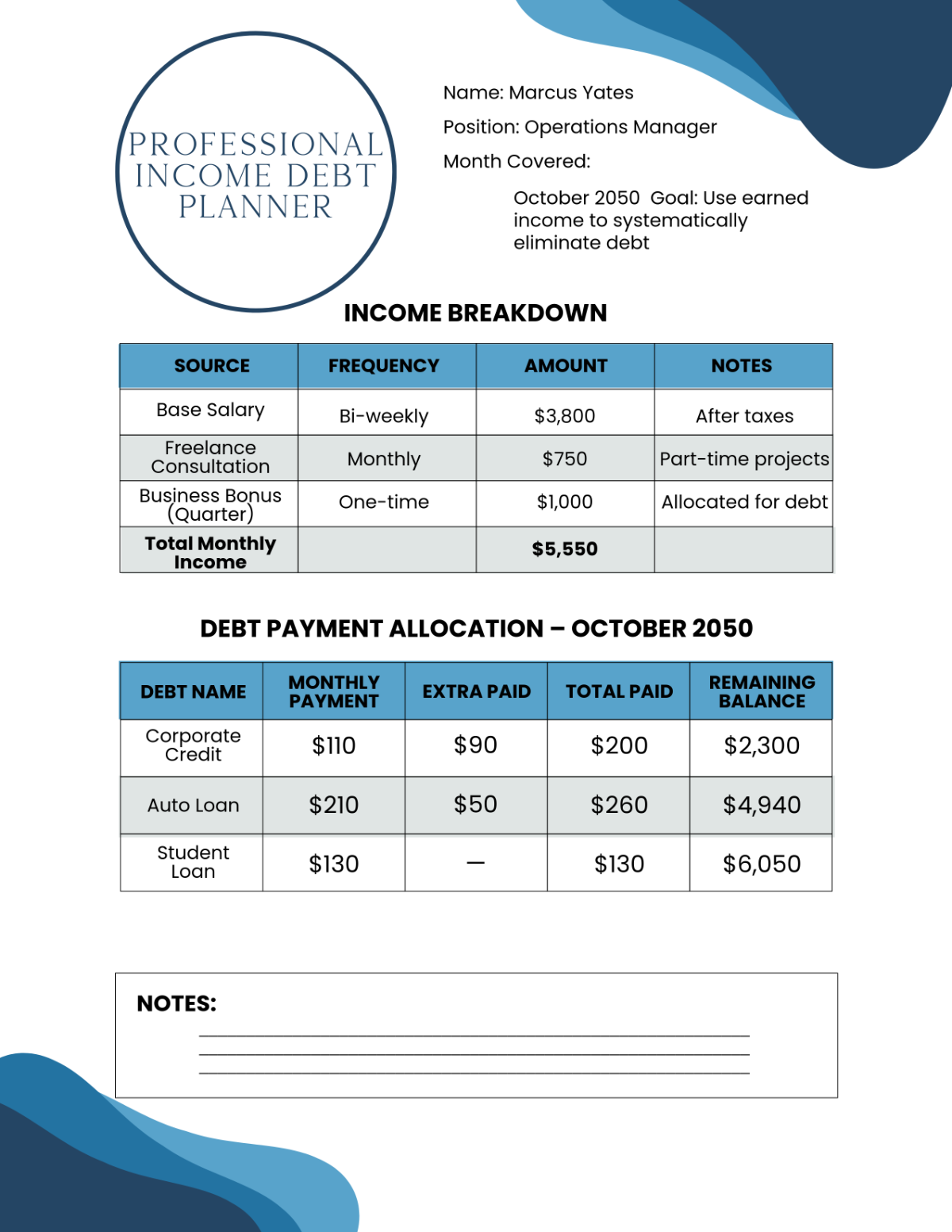 Free Professional Income Debt Planner Template to Edit Online
