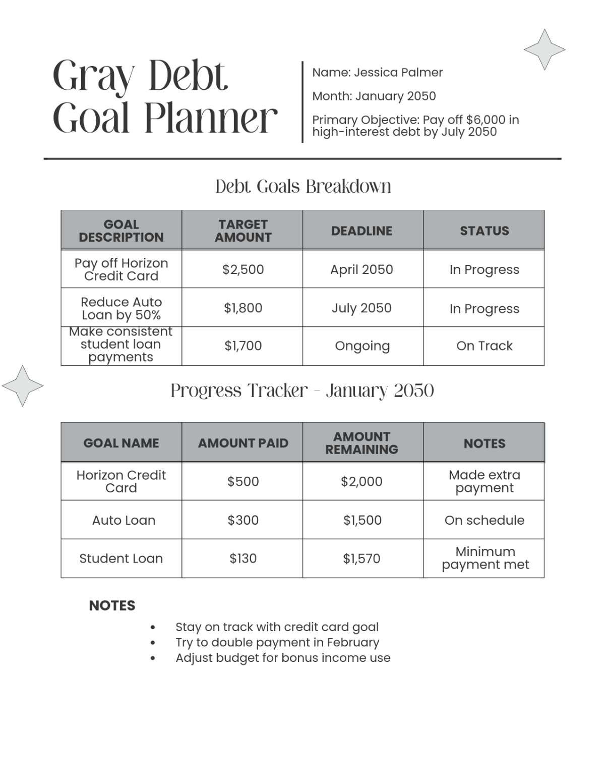 Free Gray Debt Goal Planner Template to Edit Online