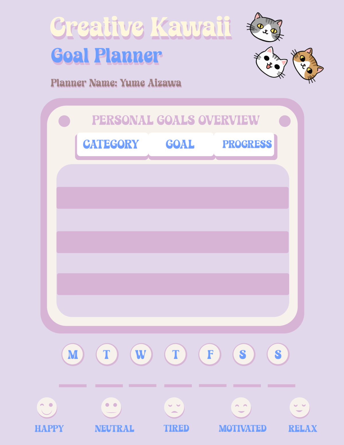 Free Creative Kawaii Goal Planner Template