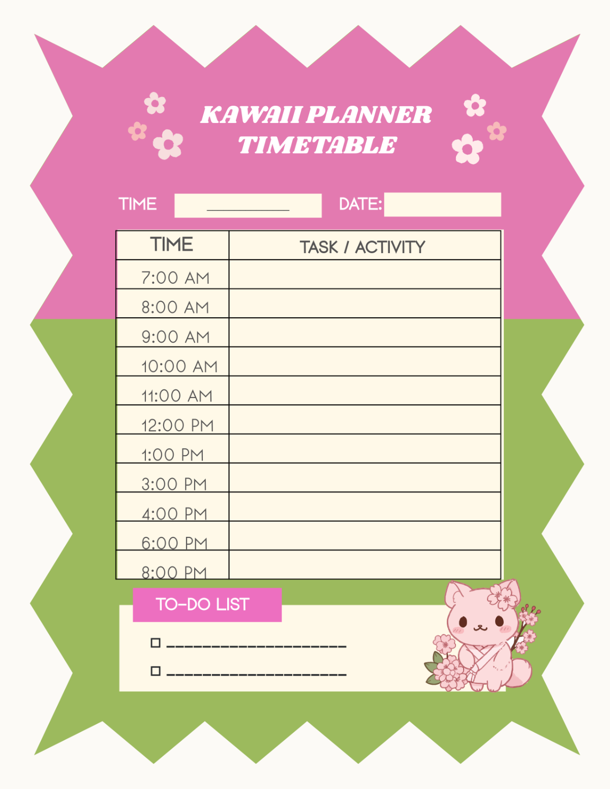 Free Kawaii Planner Timetable Template