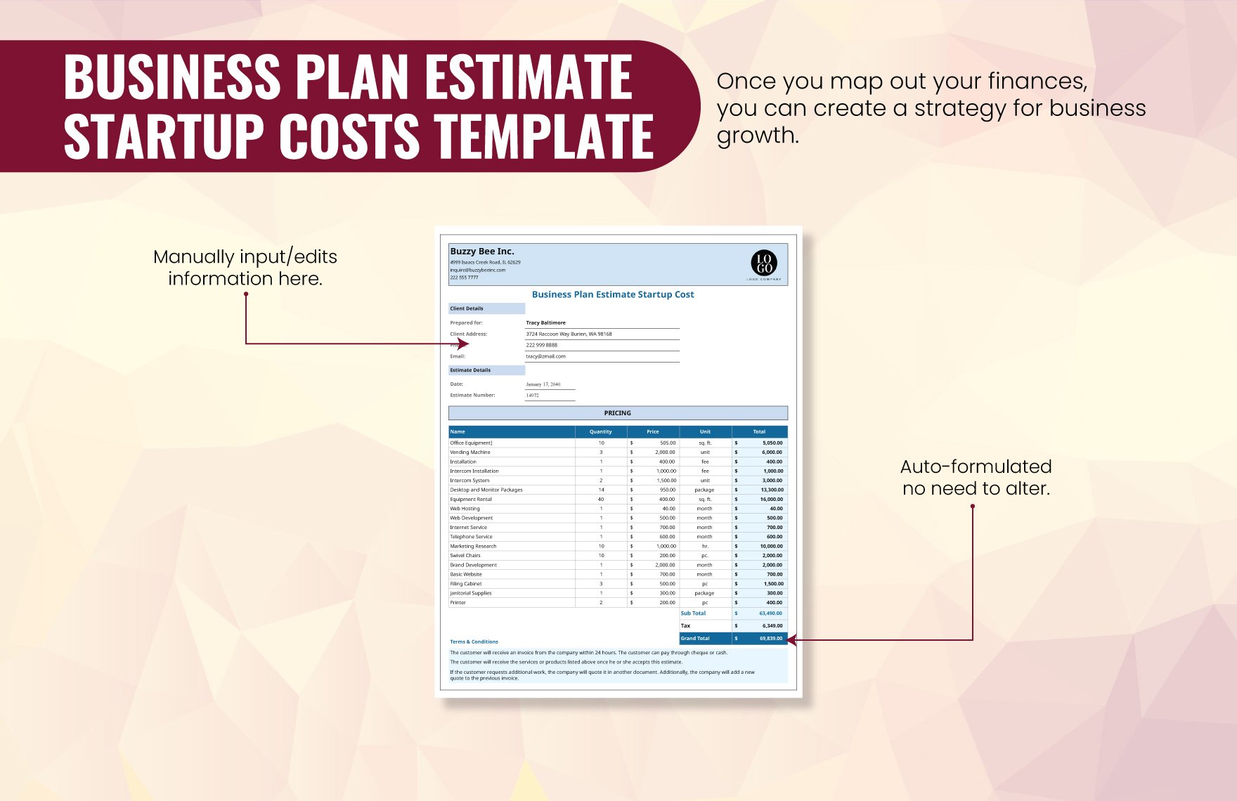 Business Plan Estimate Startup Costs Template